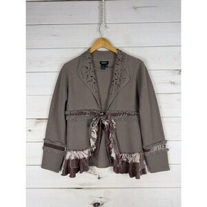 Radzoli Sweater Cardigan Womens Large Brown Wool Ruffle Beaded Belted Boho